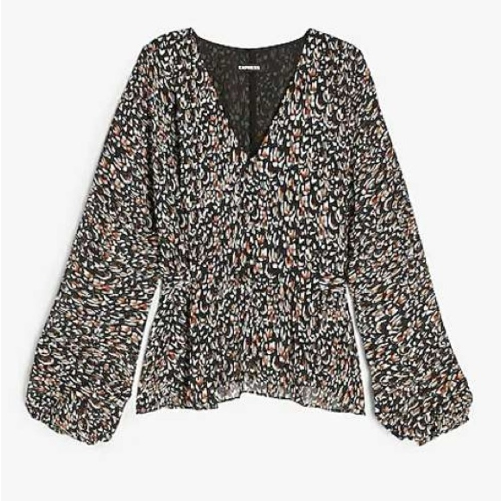 EXPRESS Metallic Printed Tie Back Balloon Sleeve Top L Large Black Gold - Picture 2 of 11